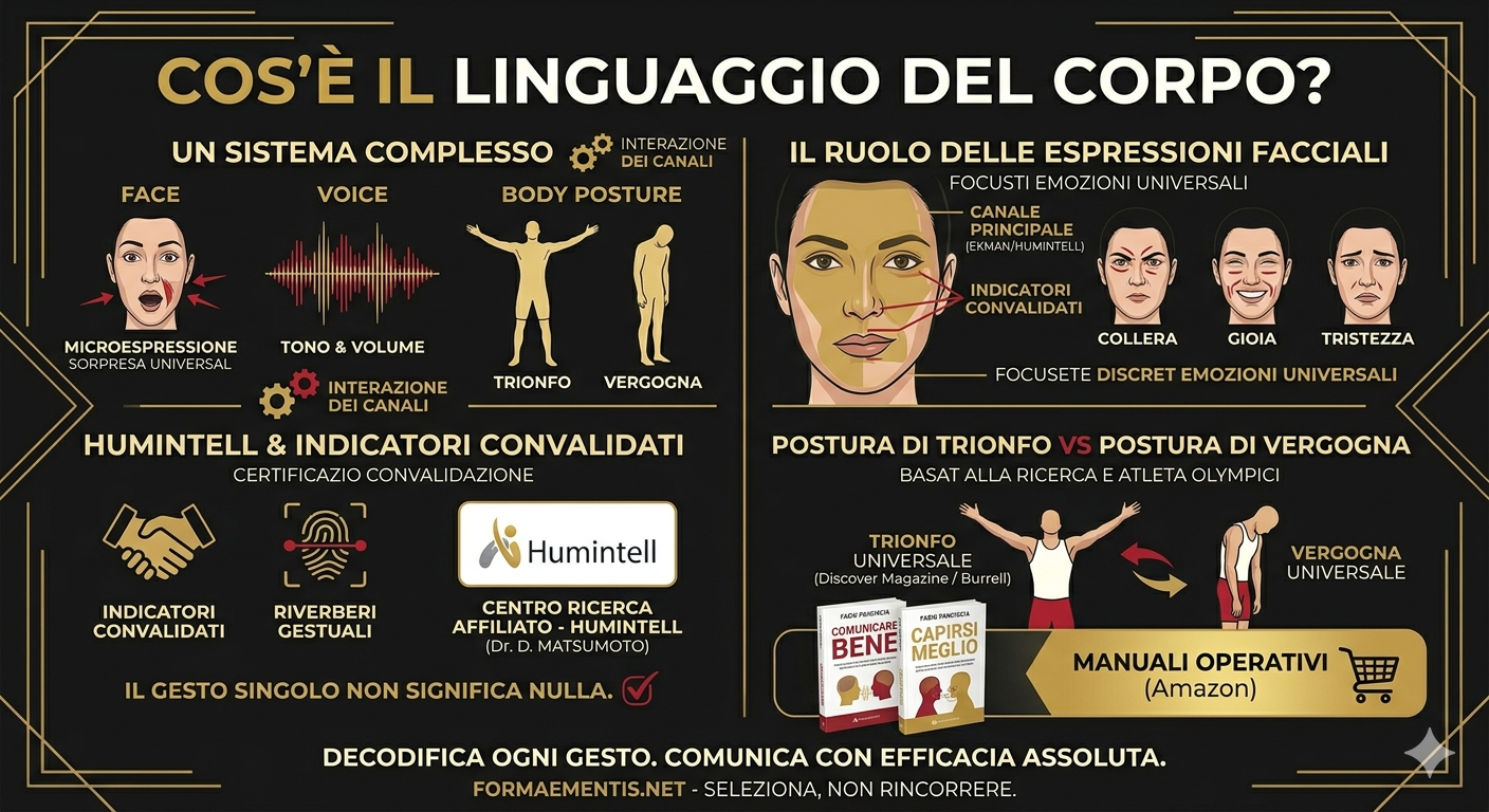 Infografica mobile-friendly semplificata sul linguaggio del corpo: analisi dei 4 canali iconici (Viso, Voce, Gesti, Postura), focus sulle micro-espressioni universali con riverberi gestuali, affiliazione scientifica Humintell e posture di trionfo e vergogna per una lettura chiara da mobile
