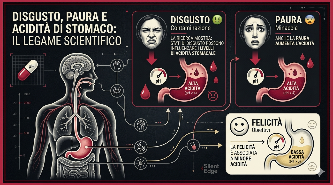Infografica scientifica che illustra la connessione cervello-intestino. Mostra come le emozioni di disgusto e paura aumentino l'acidit&agrave; gastrica (pH basso), mentre la felicit&agrave; sia associata a una minore acidit&agrave; (pH alto), basato sulla ricerca con pillola pH intelligente