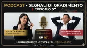 Infografica del Podcast Episodio 07 sui segnali di gradimento nel linguaggio del corpo: analisi dei capelli, accessori e dominanza maschile con Fabio Pandiscia