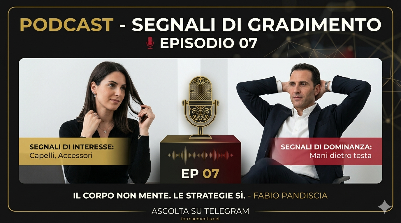 Infografica del Podcast Episodio 07 sui segnali di gradimento nel linguaggio del corpo: analisi dei capelli, accessori e dominanza maschile con Fabio Pandiscia