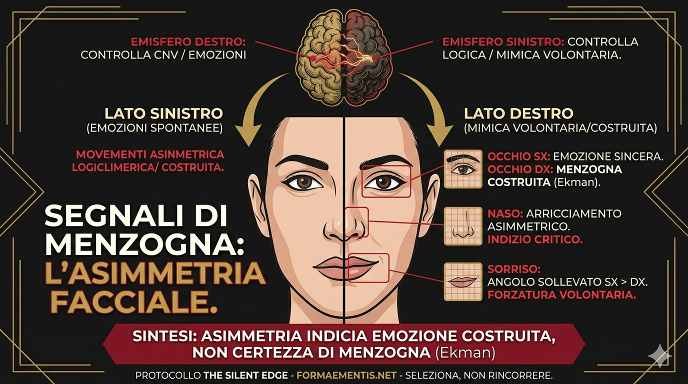 Infografica tecnica di FormaeMentis sull'asimmetria facciale come indizio di menzogna: analisi dei due emisferi cerebrali, delle espressioni volontarie e spontanee secondo Paul Ekman, con dettagli su collera, disgusto e paura.