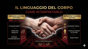 Infografica sul linguaggio del corpo: analisi di contatto visivo, postura e prossemica per migliorare la comunicazione non verbale.