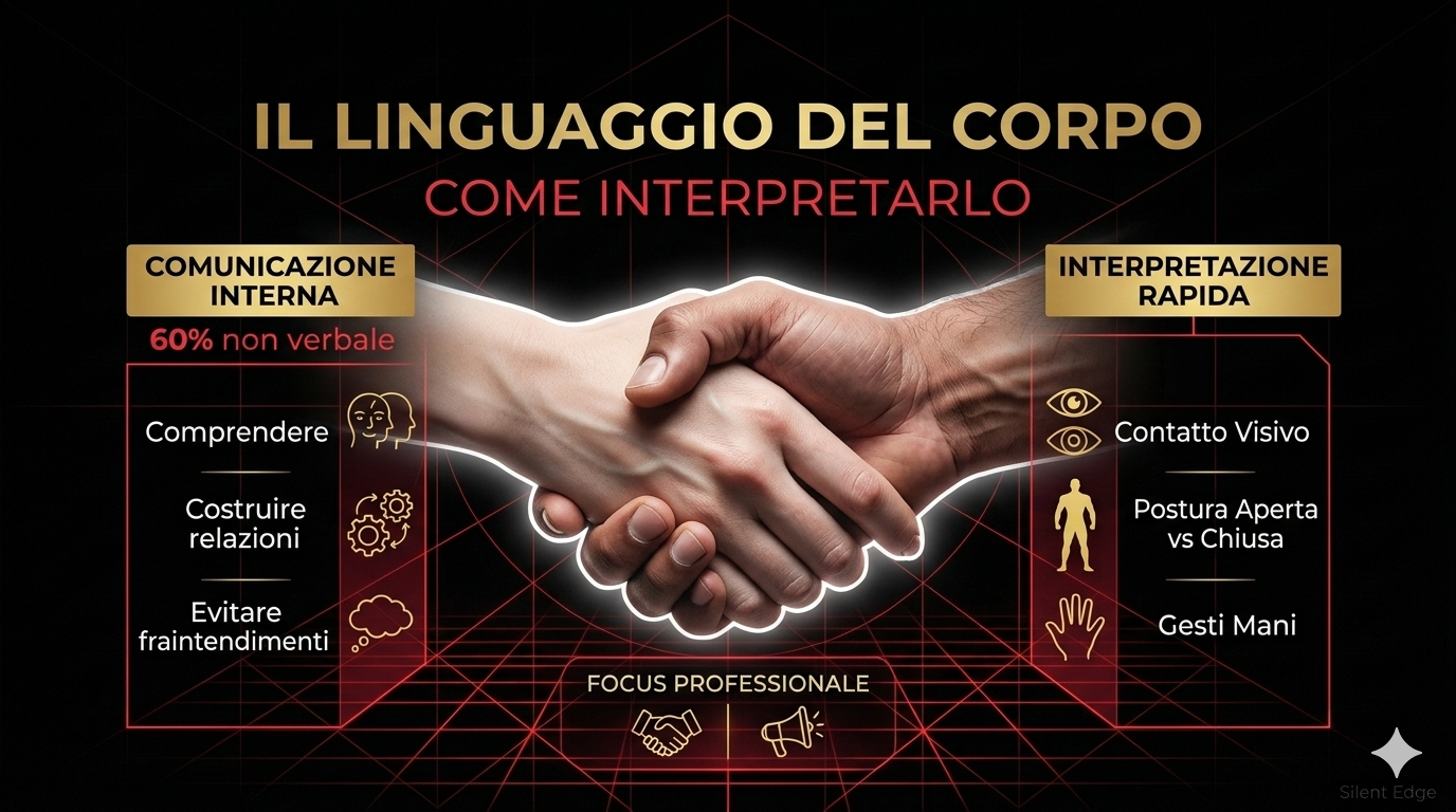 Infografica sul linguaggio del corpo: analisi di contatto visivo, postura e prossemica per migliorare la comunicazione non verbale.