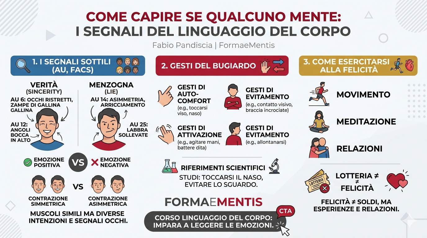 Infografica di Fabio Pandiscia sui segnali del linguaggio del corpo che indicano una menzogna: rigidit&agrave; corporea, cambiamenti nel tono di voce, contatto visivo innaturale e gesti di auto-comfort