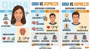 Infografica verticale semplificata per mobile. In alto, confronto viso a viso tra Gioia (sorriso autentico, icone positive blu) e Disprezzo (smorfia asimmetrica, icone negative arancioni). Sotto, tre icone rapide per la felicità: Movimento, Meditazione, Relazioni