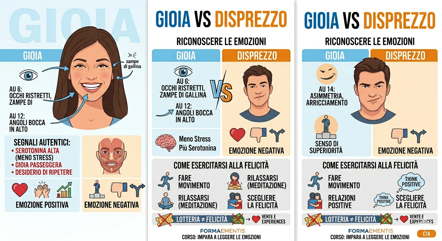 Infografica semplificata che confronta Gioia e Disprezzo. A sinistra, la Gioia con sorriso autentico (AU 6+12+25), serotonin, e icone di felicità. A destra, il Disprezzo con sorriso asimmetrico (AU 14), senso di superiorità e icone negative. In basso, 4 consigli rapidi per esercitarsi alla felicità