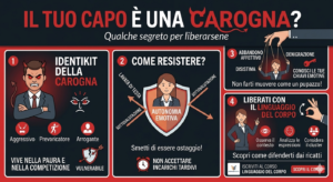Infografica su come gestire un capo aggressivo e prevaricatore. Include l'identikit della carogna (vulnerabile e competitivo), la strategia dell'autonomia emotiva per resistere ai ricatti, e l'importanza del linguaggio del corpo per riconoscere le chiavi emotive e difendersi