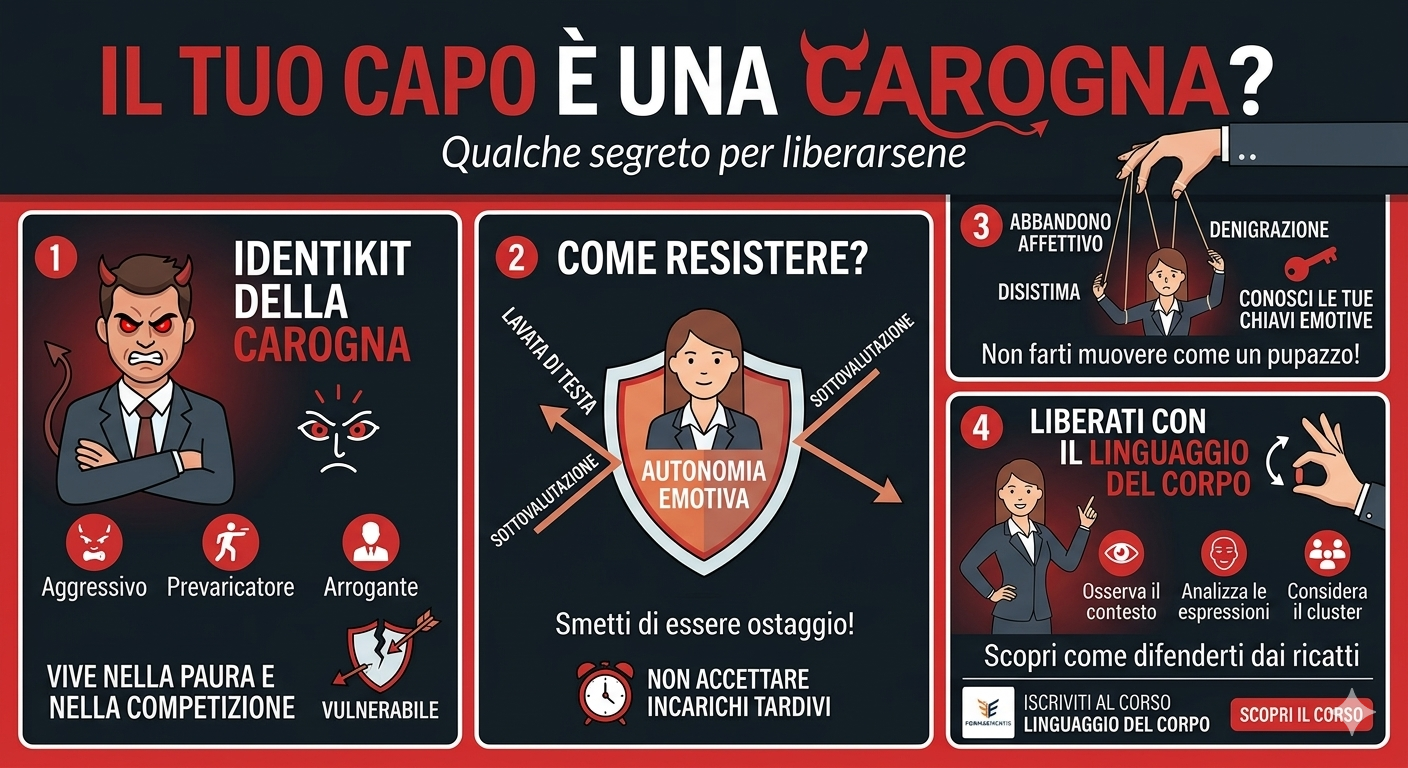 Infografica su come gestire un capo aggressivo e prevaricatore. Include l'identikit della carogna (vulnerabile e competitivo), la strategia dell'autonomia emotiva per resistere ai ricatti, e l'importanza del linguaggio del corpo per riconoscere le chiavi emotive e difendersi