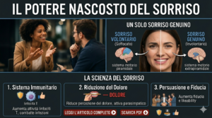 Infografica dettagliata sul potere del sorriso genuino e involontario. Include sezioni su sorriso volontario vs genuino con percorsi neurali (sistema motorio piramidale vs extrapiramidale) e la scienza del sorriso
