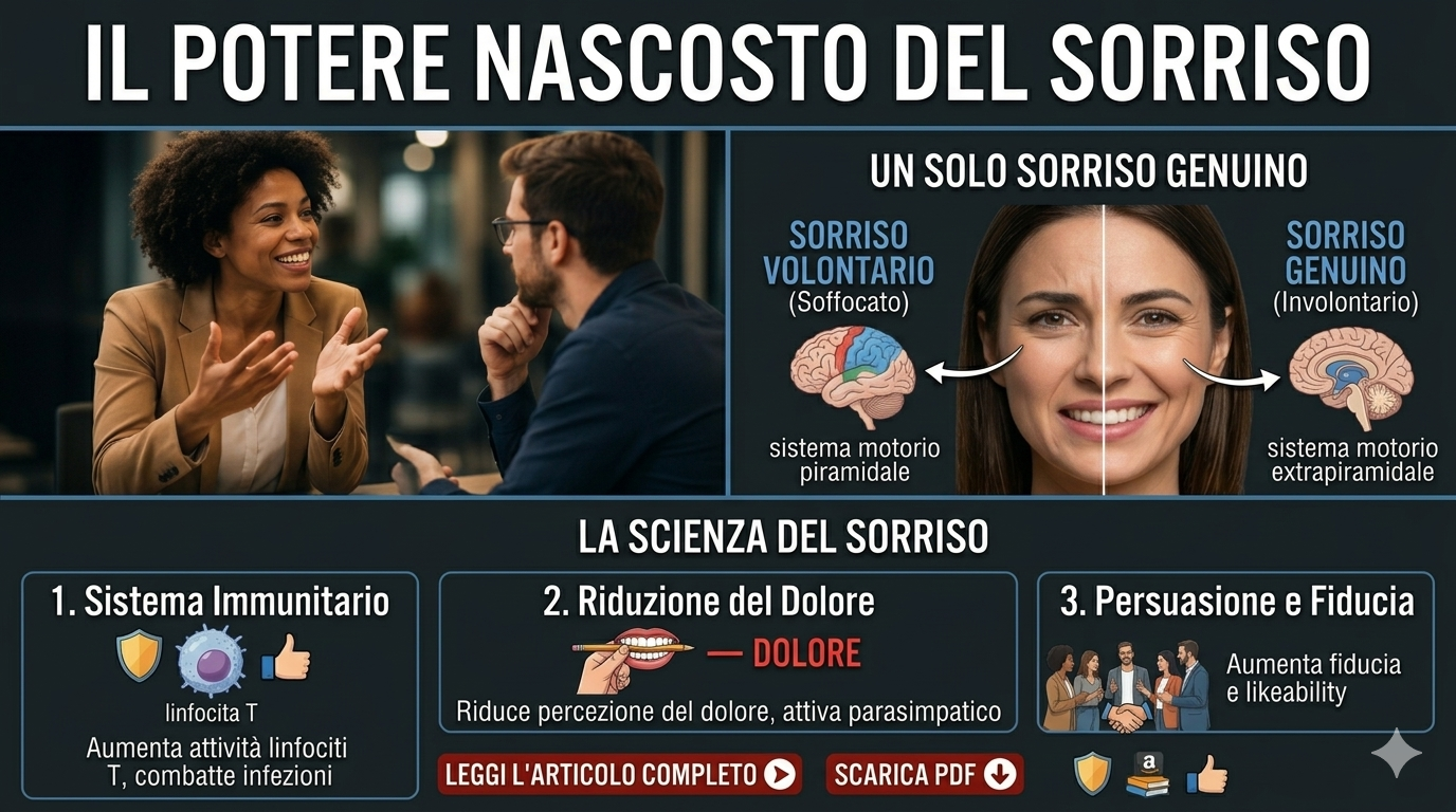 Infografica dettagliata sul potere del sorriso genuino e involontario. Include sezioni su sorriso volontario vs genuino con percorsi neurali (sistema motorio piramidale vs extrapiramidale) e la scienza del sorriso