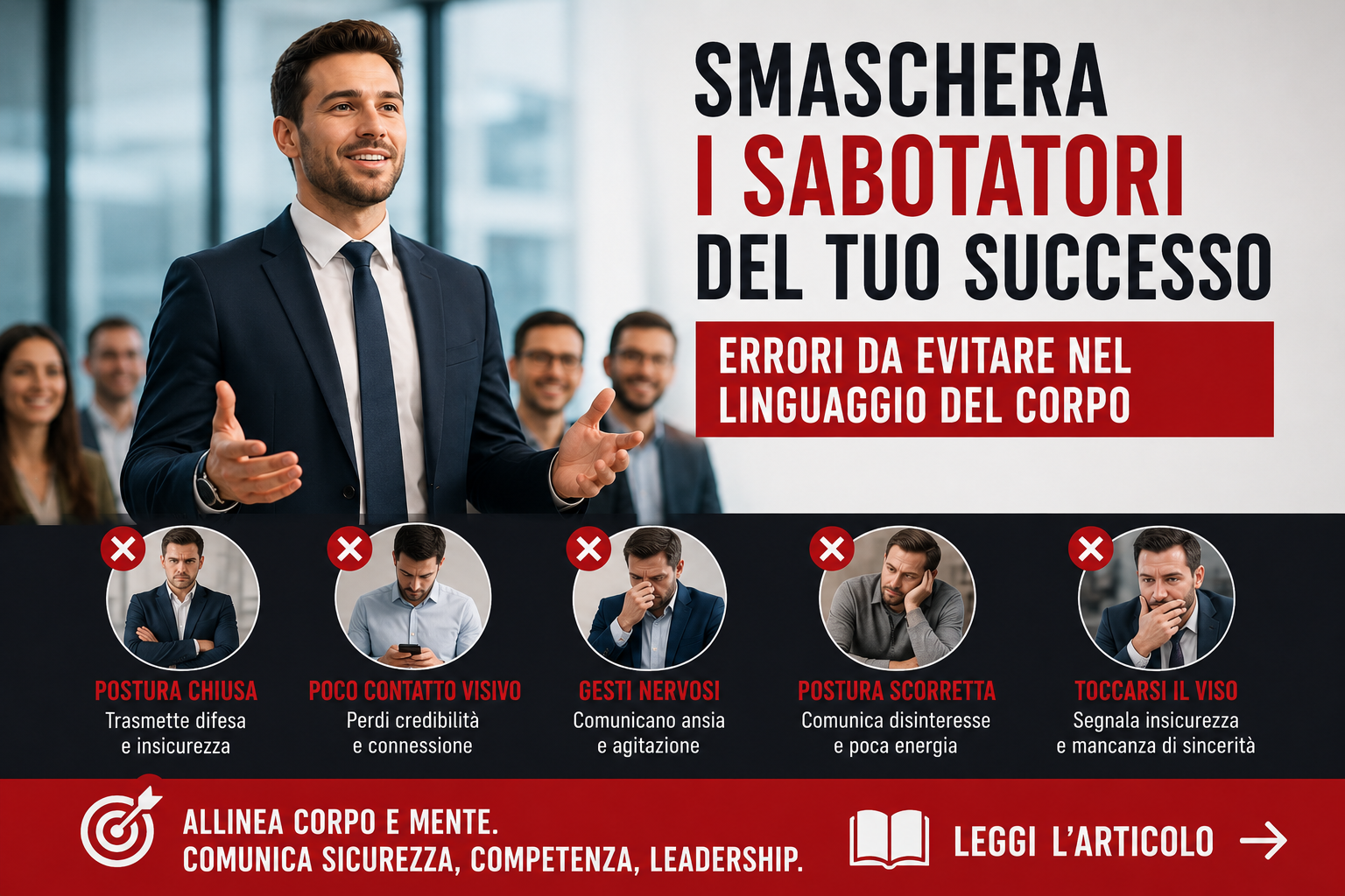 Errori nel linguaggio del corpo che sabotano il successo: postura chiusa, mancanza di contatto visivo e gesti nervosi