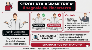 Infografica di Formae Mentis sulla scrollata di spalle asimmetrica: decodifica del linguaggio non verbale dell'incertezza e analisi del conflitto tra parole e corpo. Include varianti e cautela