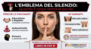 Infografica sull'emblema del silenzio nel linguaggio del corpo: spiegazione del gesto del dito sulle labbra, varianti e significati psicologici come autocontrollo e rispetto.