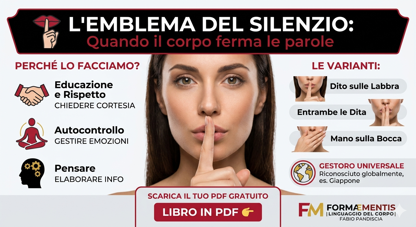 Infografica sull'emblema del silenzio nel linguaggio del corpo: spiegazione del gesto del dito sulle labbra, varianti e significati psicologici come autocontrollo e rispetto.