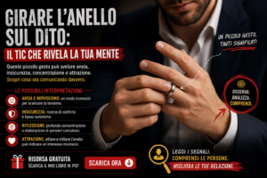 Persona che gira un anello sul dito durante una conversazione, gesto associato ad ansia, insicurezza o riflessione nel linguaggio del corpo