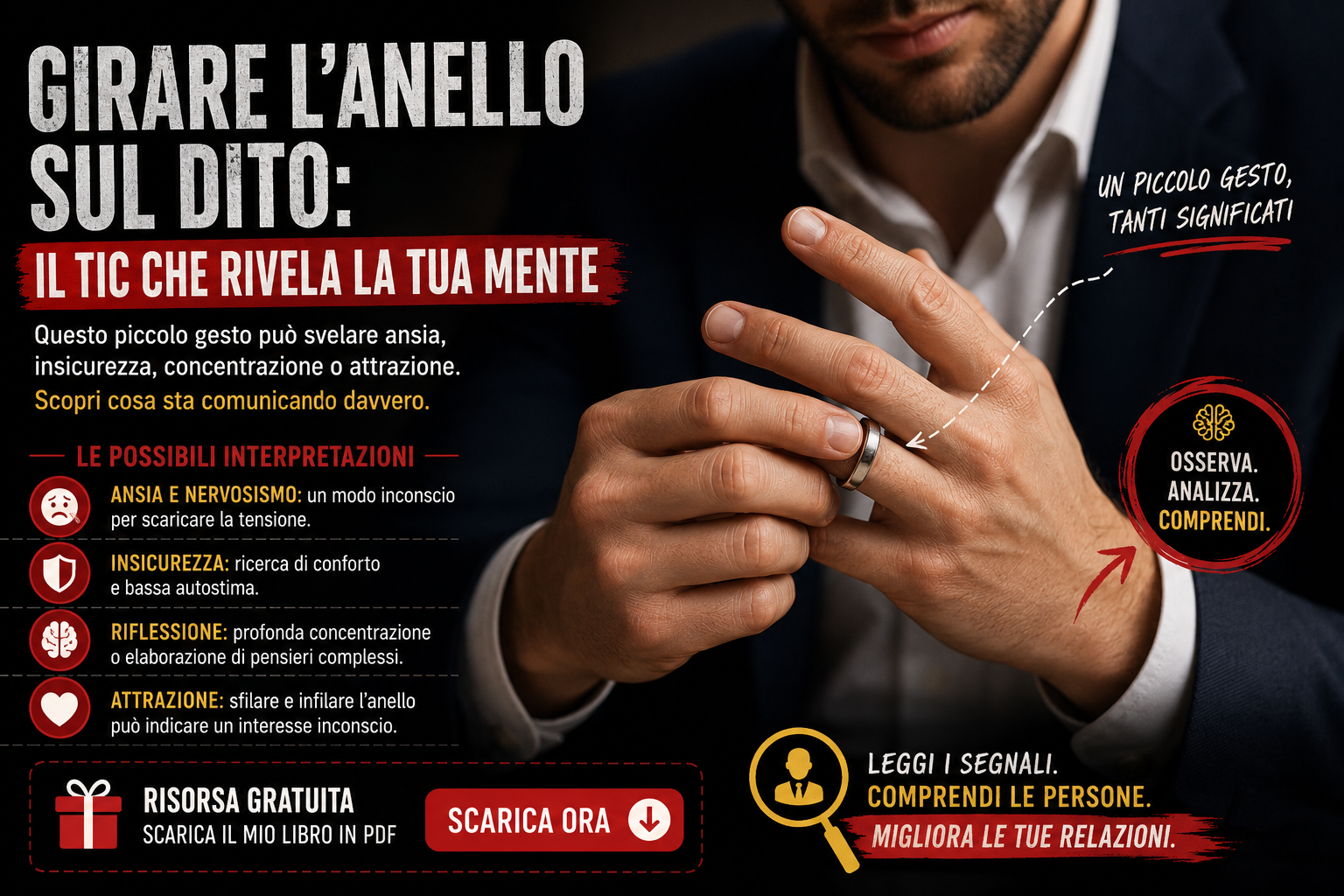 Persona che gira un anello sul dito durante una conversazione, gesto associato ad ansia, insicurezza o riflessione nel linguaggio del corpo