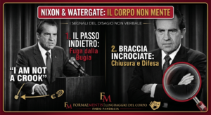Analisi del linguaggio del corpo di Richard Nixon durante il caso Watergate: infografica che mostra il gesto del passo indietro e delle braccia incrociate come segnali di menzogna e difesa