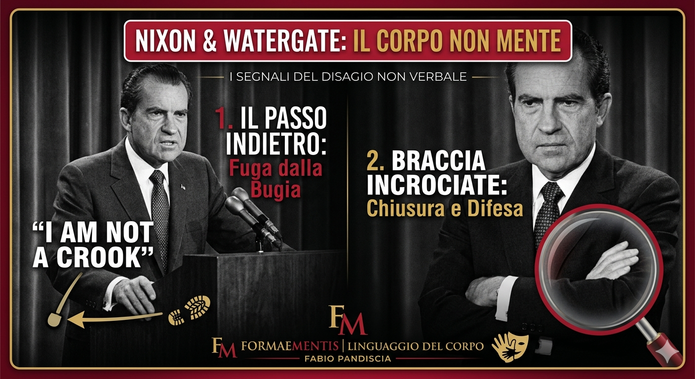 Analisi del linguaggio del corpo di Richard Nixon durante il caso Watergate: infografica che mostra il gesto del passo indietro e delle braccia incrociate come segnali di menzogna e difesa