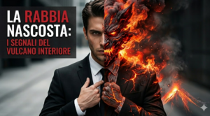 Rappresentazione concettuale della rabbia nascosta: uomo in giacca e cravatta con metà volto che rivela un vulcano interiore in eruzione, a simboleggiare le emozioni represse nel linguaggio del corpo