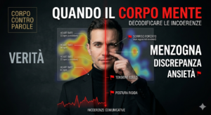 Illustrazione analitica in stile HUD su sfondo scuro che mostra la decodifica scientifica di un'incoerenza tra espressione facciale e linguaggio del corpo.