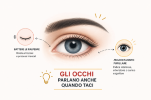 Illustrazione di un occhio con ammiccamento pupillare e segnali visivi del linguaggio del corpo