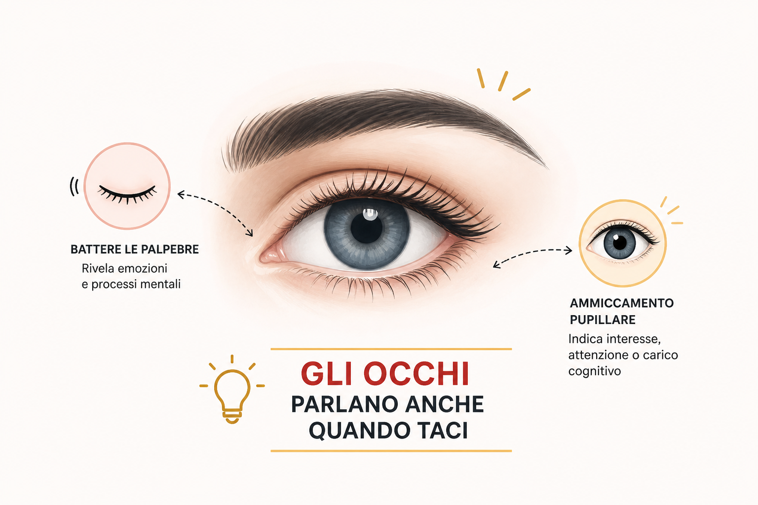 Illustrazione di un occhio con ammiccamento pupillare e segnali visivi del linguaggio del corpo