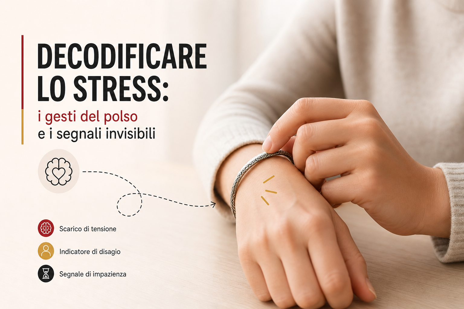 Persona che gira un bracciale sul polso, gesto di stress nel linguaggio del corpo