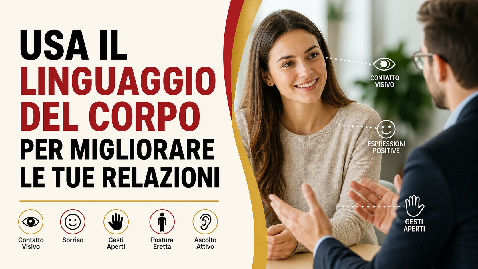 Linguaggio del corpo per migliorare le relazioni: contatto visivo, sorriso, postura e gesti aperti